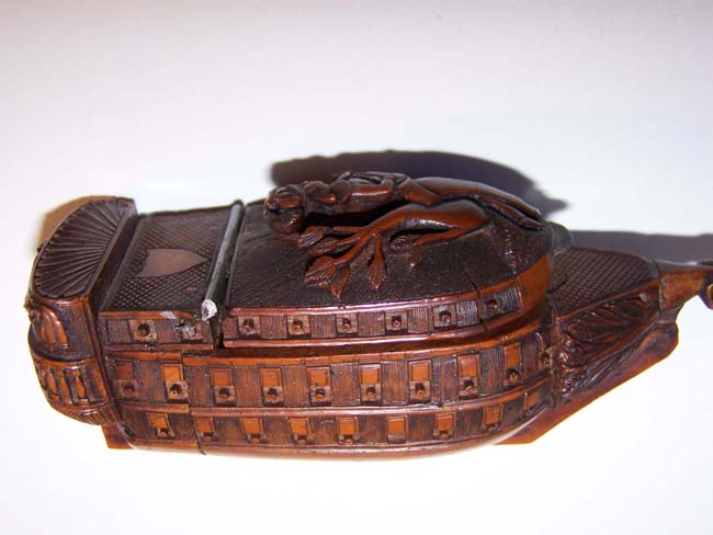 A Fine Napoleonic Period Carved Coquilla Nut Snuff Box in the Form of a 100 Gun Man-of-War circa 1795-1810. — image 7
